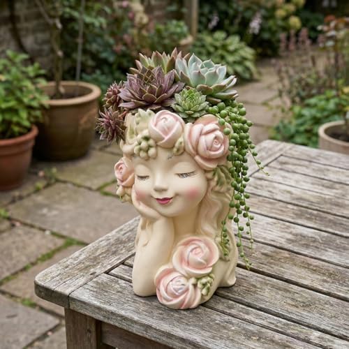 Elenon 9'' High Girl Face Planter Resin Succulent Pot - Image 2