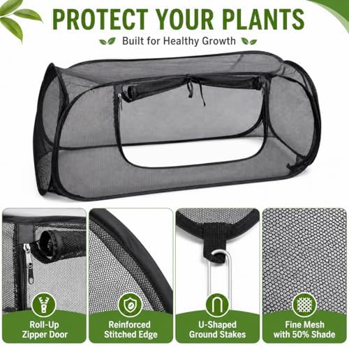 1PC Pop Up Mesh Plant Cover for Raised Bed, Foldable Garden Bed Shade Cover（45 x 22 x 18 in）- 50% Sunblock Mesh Cover with Zipper Door & 8 Stakes for Vegetables Seedlings Herbs(Black) - Image 3