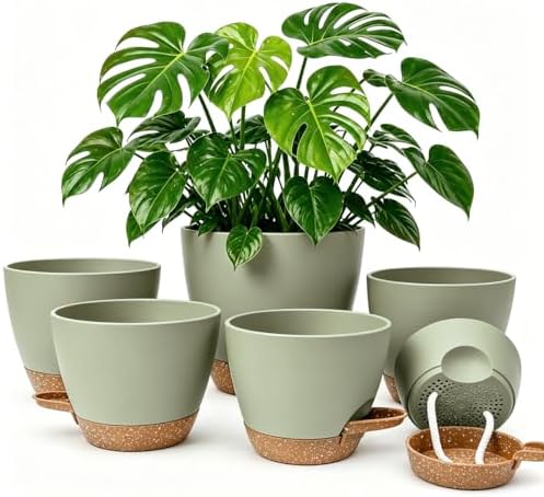 Plant Pots for Indoor 9/8/7/6.5/6/5 Inch, Self Watering Planter Pots with Drainage Holes and Saucers, 6Pcs Plastic Flower Pots for Indoor & Outdoor Plants（Green） by Unknown