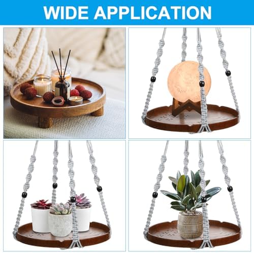 PATIKIL Macrame Plant Hangers Indoors, 2 Pack Hanging Plant Shelf with Sturdy Wood Base for Home Decor Hanging Wall Ceiling Window, Grey - Image 6