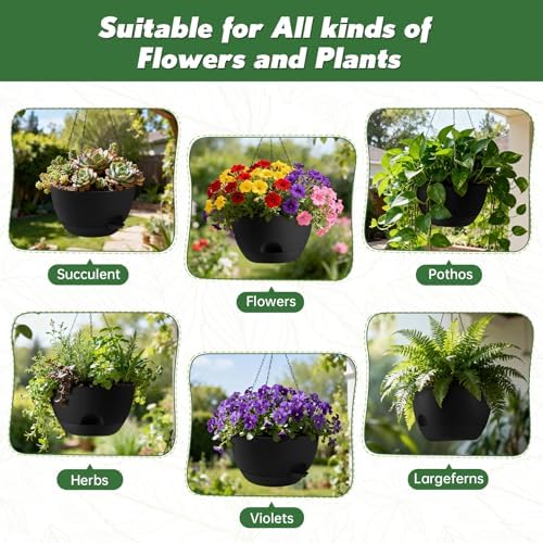 3-Piece Set of 10-Inch Hanging Planters with Automatic Watering System and Drip Tray, Includes Metal Chain, Suitable for Various Indoor and Outdoor Plants and Flowers,Pure Black - Image 6