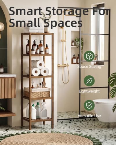 SMIBUY Bathroom Storage Shelf, 5-Tier Bamboo Rack Organizer, Multifunctional Shelving Unit for Living Room Bedroom Kitchen (Walnut) - Image 3