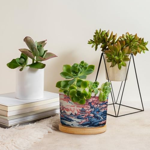Pink Blue Chinoiserie Planters Ceramic Coral Chinoiserie Chic Asian Round Flower Pots with Drainage Holes and Bamboo Tray Pot for Home Office Decoration - Image 4