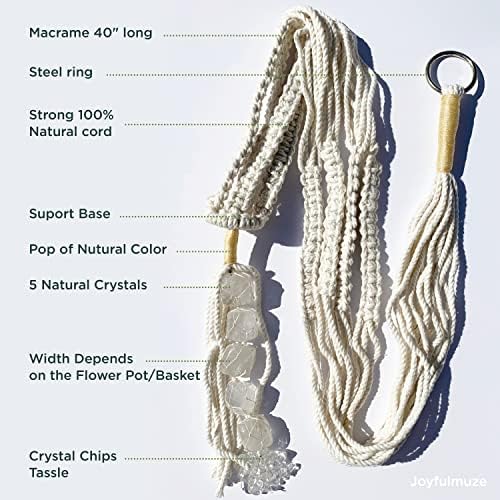 Joyfulmuze White Crystal Macrame Planters Indoor, Plant Hangers for Wall and Ceiling, 5 Natural Clear Quarts Stones, Bohemian Apartment Craft, Gift for Her, Bedroom Office and Home Decoration - Image 6