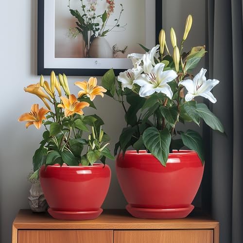 Ceramic Plant Pots, 10+8+6 Inch Ceramic Planters, Bright Red - Image 4