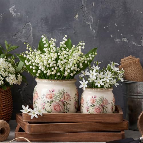 2 Pcs Vintage Planter Ceramic Plants Pot with Drainage Ice Crack Scroll Flower Vase Pot for Indoor Outdoor Plants Home Kitchen Decor Gifts(Country Rose,7.7" & 5.9") - Image 4