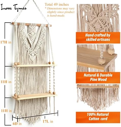 Macrame Wall Hanging Shelf - Boho Shelves Bedroom Decor | Macrame Wall Decor for Kitchen, Plant Hanger Shelves, Woven Rope Floating Shelves & Home Storage Organizer - 2 Tier - Image 3