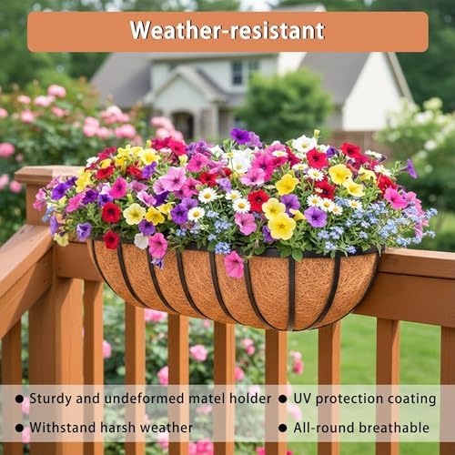 16'' Window Box Railing Planter with Coco Liner,2 Pack Horse Trough Planters Black Metal Hanging Flower Planters Basket for Porch Fence Patio Indoor Outdoor Lawn - Image 3