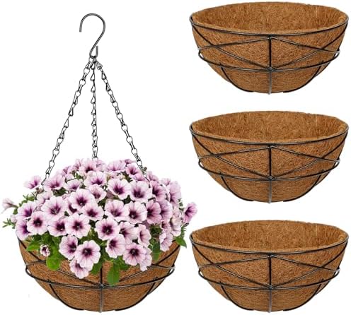 4 Pack 10 inch Metal Hanging Baskets for Plants Outdoor Metal Wire Hanging Basket Planter with Coco Fiber Liners Flower Pots for Home Porch Garden Patio, Diamond-Shaped by NatureCrafted