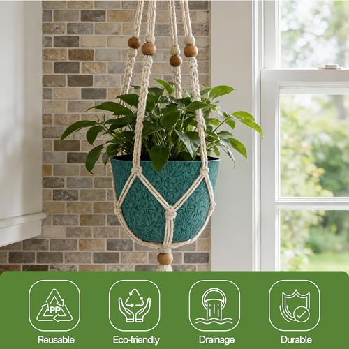 Worth Garden Plastic Round 8" Plant Pots for Indoor Plants - Set of 6 Multicolor Small Flower Pots W/Drainage Hole and Rubber Plug - Home Christmas Decorative planters Retro Floral Pattern - Image 3