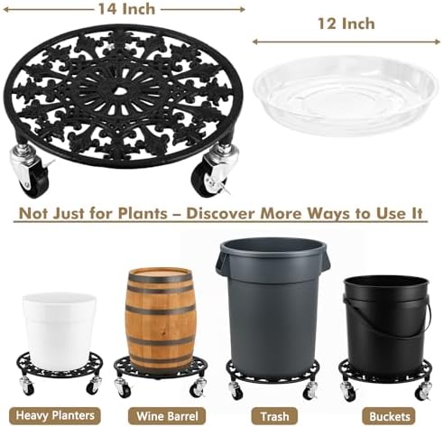 1 Pack Plant Caddy with Wheels 14 Inch Rolling Plant Stand for Large Plants Heavy Duty Plant Rollers Metal Plant Dolly Rustproof Planter Stand Wrought Iron Plant Stands Flower Cart Indoor Outdoor - Image 3