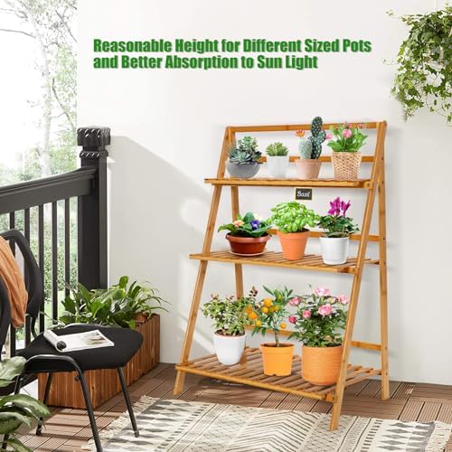 Folding 3-Tier Bamboo Ladder Plant Stand, Indoor & Outdoor Flower Pot Organizer Holder w/ Stable Frame, Plant Shelf Display Rack for Balcony, Patio, Garden, Living Room - Image 2