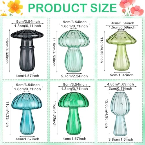7 Pcs Glass Mushroom Vase Propagation Station with Hydroponic Plant and Artificial Fake Moss 6 Colored Plant Vase Table Centerpiece Decor for Forest Birthday Wedding Party Decoration (Green) - Image 2