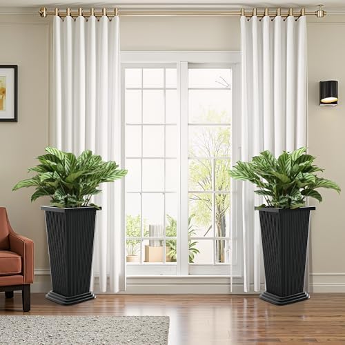 FENCY Set of 2 Tall Planters for Outdoor Plants, Black Ribbed - Image 6