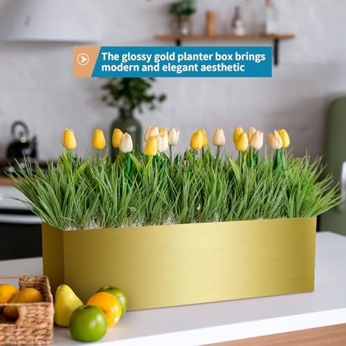 17" Large Stainless Steel Planter Box with Drain Holes and Water Reservoir, Rectangle Succulent Trough Planter Pot for Indoor Outdoor Windowsill, Table Decor (Brushed Gold) - Image 5