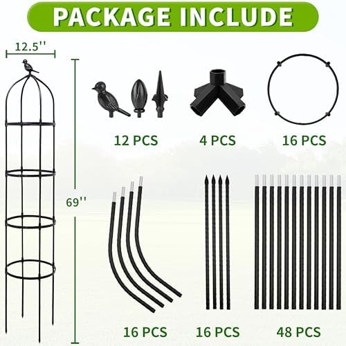4-Pack 6FT Garden Obelisk Trellis for Climbing Plants,Adjustable 4-Tier Metal Plant Support,Rustproof Outdoor Plant Tower with 3 Decorative Tops for Roses,Tomatoes,Clematis & Vines,Black - Image 2