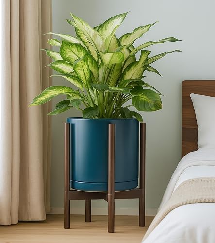 D'vine Dev Ceramic Pot with Walnut Wood Stand, Teal, 12 in, 55-B-W-4 - Image 7