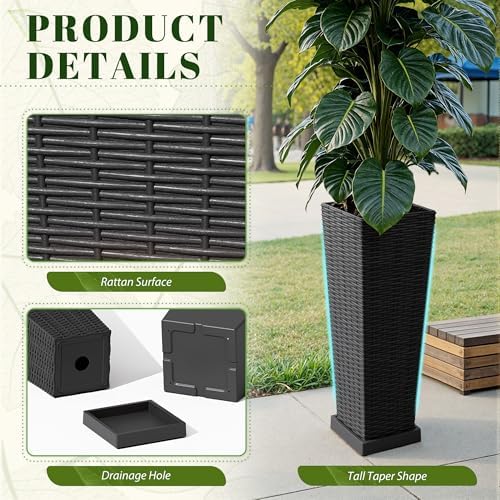 JUMMICO 23.5" Front Porch Resin Rattan Tall Planters 2 Pc, Inner&Outer Tray - Image 3