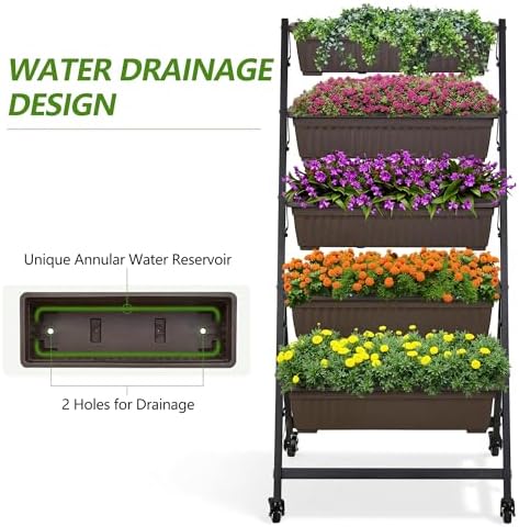 VECELO 5-Tier Vertical Garden Bed, Freestanding Elevated Raised Garden Planter with 5 Garden Planter Boxes, Lockable Caster Wheels, Drainage System, for Plants, Vegetables, Flowers, Herbs - Image 5