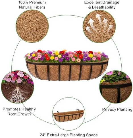 GameXcel 24 Inch Over Railing Planter 4 Pack - Window Box or Wall Mounted Flower Box with Coco Liner and Adjustable Hooks - Metal Deck Balcony Planter with Expansion Screws for Deck Fence Porch - Image 3