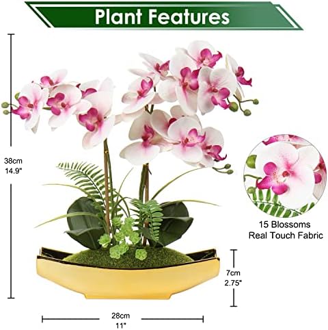 Briful Orchids Artificial Flowers 15" Light Pink Phalaenopsis Orchid with Gold Pots Real Touch Faux Orchid Plant for Home Office Living Room Table Shelf Decor - Image 2