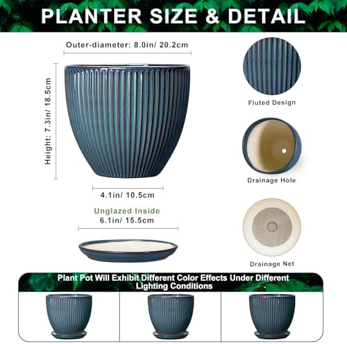 Ceramic Plant Pots, 8 Inch Planters with Saucer, Retro Blue - Image 2