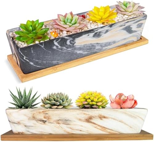 ARTKETTY Succulent Pots - Large Succulent Planters with Drainage Tray, Window Sill Planter, Long Rectangle Ceramic Pots for Indoor Cactus Plants Shallow Bonsai Window Box for Home Garden Decor by ARTKETTY