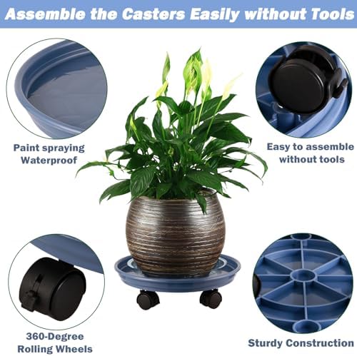 4 Packs Plastic Plant Caddy with Wheels 11.8" Plastic Rolling Plant Stands Heavy-duty Plant Dolly with Casters Indoor and Outdoor Plant Roller Base Wheels, Blue - Image 2