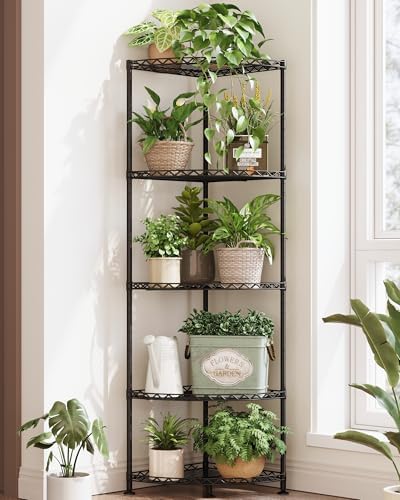 Bamworld Corner Shelf 5 Tier Corner Shelf Stand Adjustable Plant Shelf Book Display Shelf for Living Room Balcony Bedroom Patio Black by Bamworld
