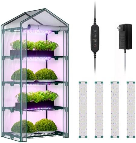 Indoor Greenhouse with Grow Lights, 4 Tier 27" L×19" W×62" H Mini Greenhouse with Zippered PVC Cover for Seed Starting Trays, Dimmable 2FT 60W Plant Light for Indoor Plants with Timer by Unknown