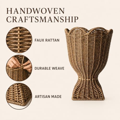 Brown Woven Rattan Urn-Style Planter with Scalloped Rim - Image 5