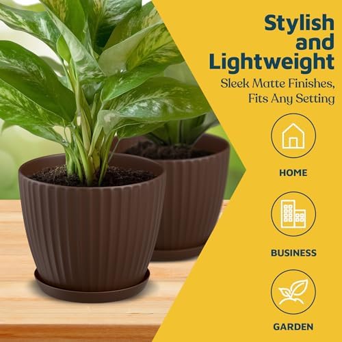 Brown 6-Inch Plant Pots with Drainage & Saucers 24 Pack, Indoor & Outdoor Planters for Houseplants, Herbs, and Flowers, Durable & Weatherproof Material, Stackable, Lightweight, Minimalist Design - Image 3