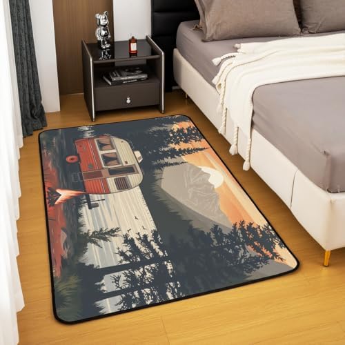 Erosebridal Sunset Rv Campfire Area Rug 6'6" x 4'11" Woodland Lake Mountains Living Room Rugs Camping Cartoon Nature Decorative Carpet Farmhouse Black Red Indoor Floor Mat - Image 3