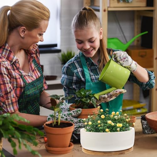 White Ceramic Succulent Pot Planter Set, Round Bamboo Tray - Image 5