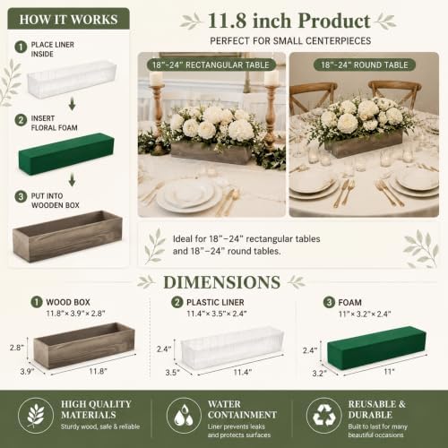 Dandat 10 Set Wood Boxes for Centerpieces 12x4 Inch Rectangle Wooden Planter Box Rustic Wooden Planters with Removable Plastic Liner Floral Foam Blocks for Christmas Wedding Home Garden Decor(Brown) - Image 2