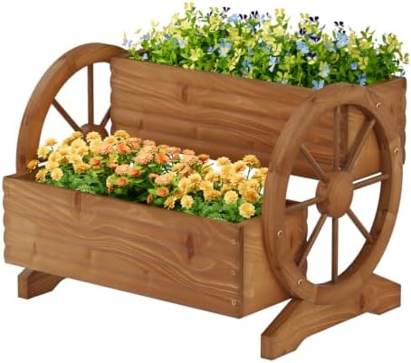 Wood Wagon Planter for outdoor Plants Cute Garden Flower Pots Cart Porch, L by Dawnyard