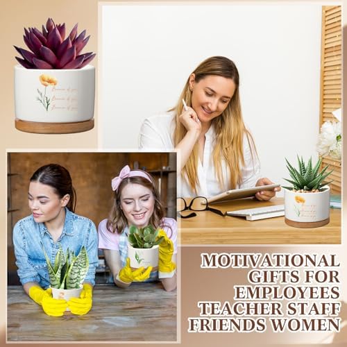 Funnymoom 12 Pcs Inspirational Succulent Pots Bulk Back to School Teacher Gift Floral Ceramic Planter with Bamboo Tray Thank You Gifts for Coworker Employee Office Staff, Plant Excluded (Stylish) - Image 5