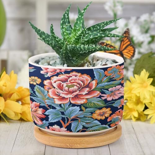 Bright and Chinoiserie Ceramic Planter Coral Peony Floral Snake Plant Live Indoor with Pot with Drainage Holes and Saucers Pot for Succulents Cactus Garden Windowsill - Image 6