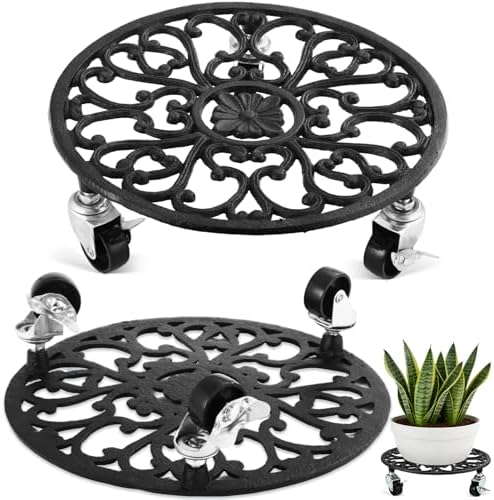 2 Pack Cast Iron Plant Caddy with Wheels Heavy Duty, 11 Inch Plant Rollers with Wheels for Planter Stand on Metal Wheel, Round Roller Plants Stand Indoor Metal Rolling Planter Holders Plants Mover by PartyZealot