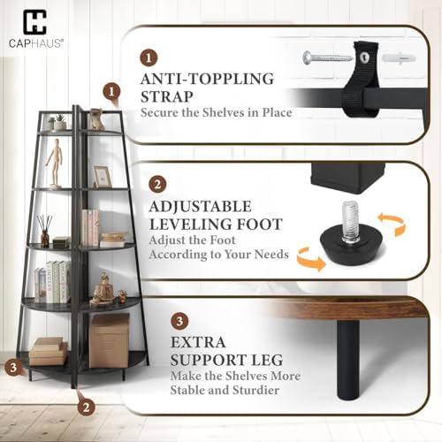 CAPHAUS 5-Tier Corner Shelf Stand, Tall Display Shelves, Ladder Corner Wood Storage Plant Bookshelf with Metal Frame, Versatile Shelving Unit Bookcase for Home Office Space, Black - Image 5
