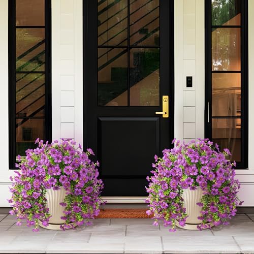 Homsunny Artificial Fake Hanging Plants Flowers Baskets for Outdoor Outside Spring Decor,Faux Silk Daisy UV Resistant Look Real Summer Decorations for Home Porch Patio Yard Garden(Purple - Image 7