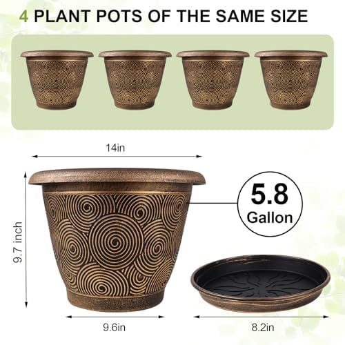 Fodetyff 14 Inch Large Planter Pot for Plants Indoor Outdoor, 4 Pack Plastic Flower Pots with Drainage Hole & Tray, Modern Decorative Garden Pot with Saucer, Plant Container for House - Image 4