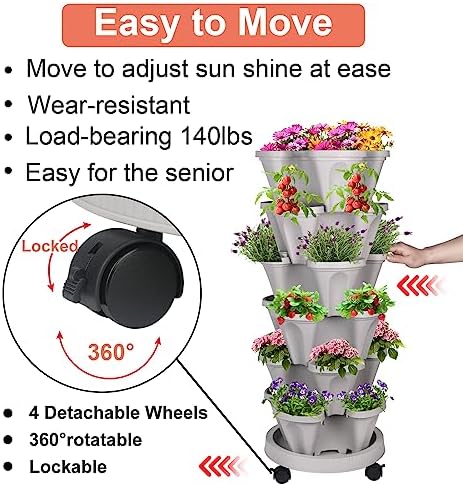 GameXcel Vertical Planter Tower - 6 Tier Stackable Garden Planters with Wheels and Tools Plant Pots for Strawberry Herb Flower and Vegetable Indoor Outdoor Use Gray - Image 5