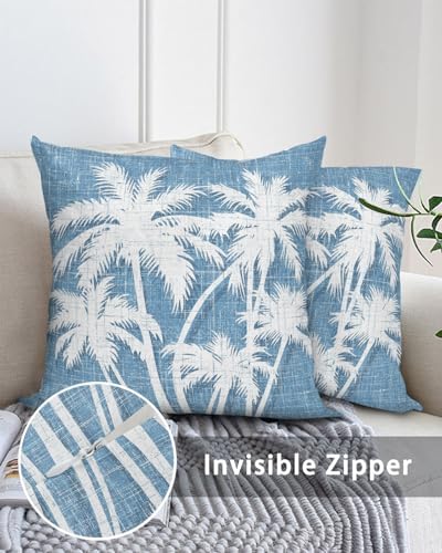 Throw Pillow 18x18 Inch, Tropical Palm Tree Waterproof Outdoor Pillow Covers for Patio with Insert, Vintage Sky Blue Exotic Botanical Plants Decorative Pillowcase Cushion for Couch, Sofa, Bed, Garden - Image 5