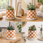 Checkered Ceramic Planter Pot with Drainage Hole and Saucer, Black and White Planters Decor,Indoor Cylinder Round Planter Pot (Yellow, Medium) - Image 3