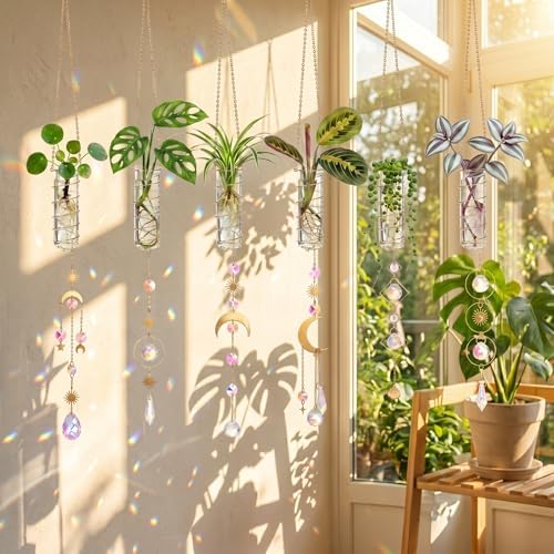 6 Pcs Plant Propagation Station Colorful Crystal Suncatcher, Handmade Boho Rooting Vase, Hanging Window Plant Propagator Stations Suncatcher with Chain Pendant Ornament Balls - Image 2