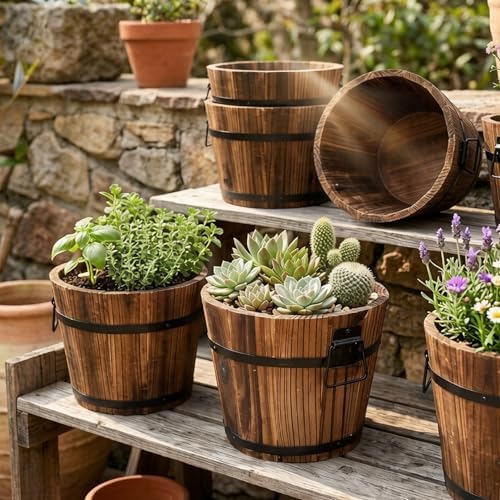 Whiskey Barrel Planter - Vintage-Style Carbonized Wooden Planter with Drainage Hole, Rustic Large Plant Pot for Succulents, Herbs & Home Decor, L Wine Barrel Wooden - Image 5