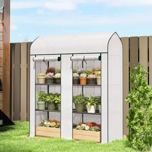 Mini Greenhouse, White 3-Tier Portable Greenhouse and Small Plant House with 2 Roll-Up Doors, 56.3 x 18.1 x 65 in Greenhouse Cabinet for Patio Balcony Garden - Image 3