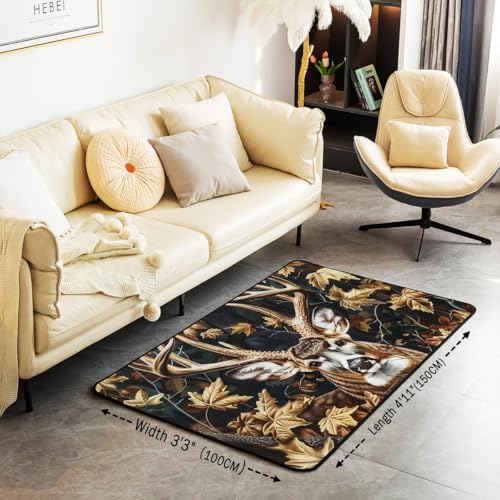Erosebridal Deer Antler Hunting Area Rug 4'11" x 3'3" Autumn Maple Leaves Living Room Rugs Wild Animal Deerskin Farmhouse Decorative Carpet Yellow White Elk Indoor Floor Mat - Image 2