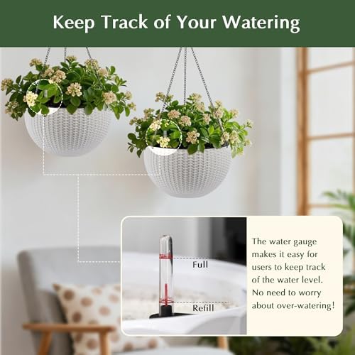 13.5 inch 2Pack Large Hanging Planters for Outdoor/Indoor Plants, Self Watering Hanging Pot with Water Level Indicato, Drainage Holes and Chain for Garden Porch, White - Image 3